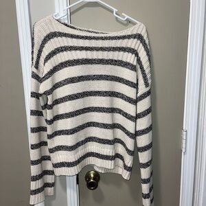 LOFT Cream and Dark Brown Striped Scoopneck Sweater